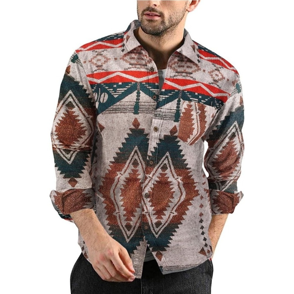 Patterned Button-Up‎ Shirt Aztec Diamond Print Long Sleeve Casual Menswear Small
